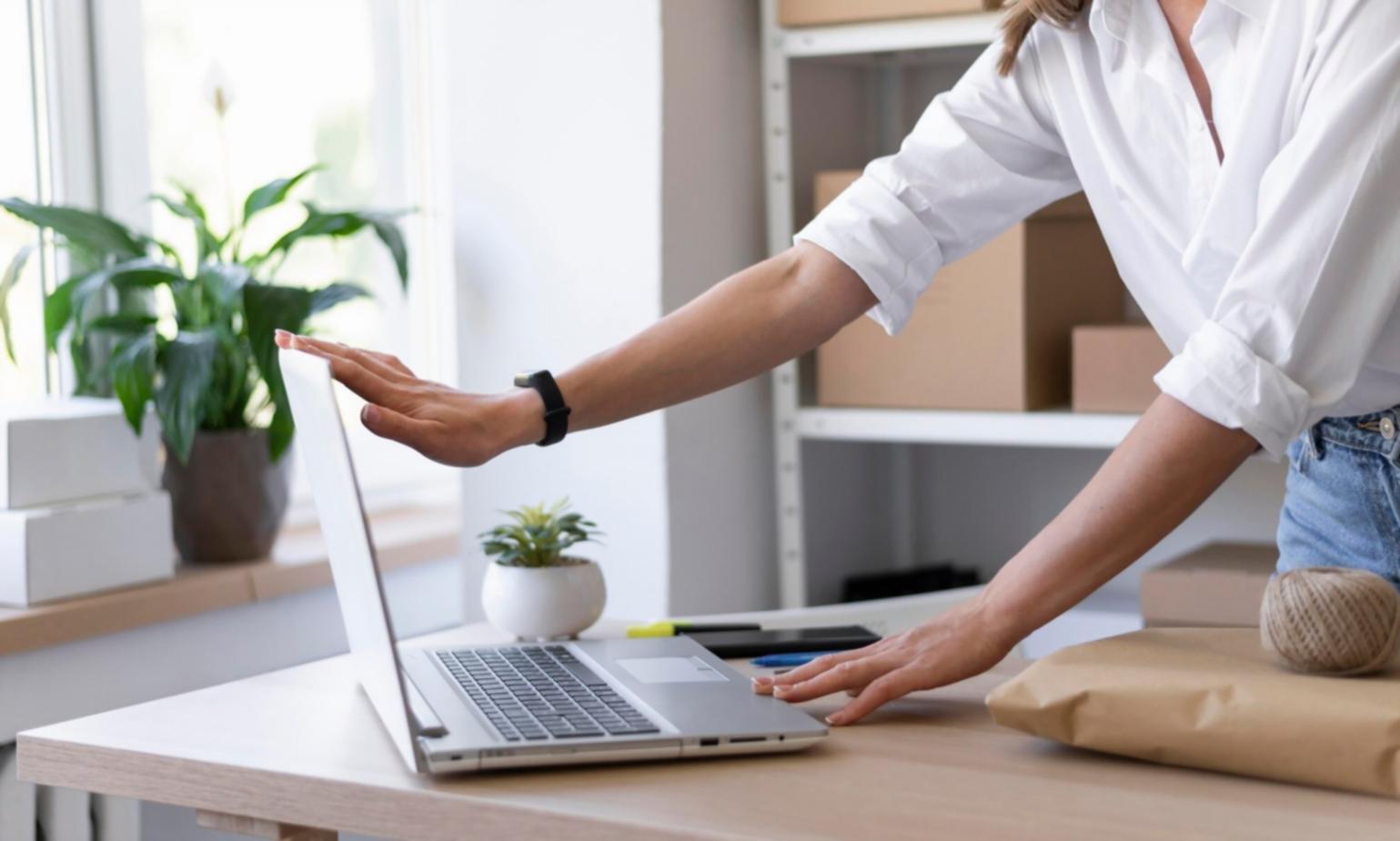 Modern office workspace with analytics displays and data visualization screens